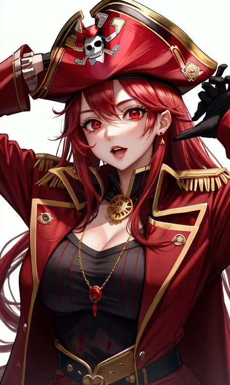 （1woman，bust，masterpiece，8k，high quality，成熟Queen），坐在沙发上的海贼Queen，(( Blood Red Princess Style， big red eyes ，Wear an open, blood-red jacket，Red Captain Pirate Hat ， Attractive ，Confident，Queen))Lying on the sofa， The Background Is a Blood Red Sky ， perfect e...