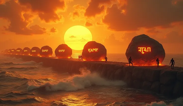 A hyper-realistic portrayal of the vanaras (monkey warriors) building the Ram Setu bridge across the ocean under a fiery orange sunset. Hanuman and his army lift massive boulders etched with glowing inscriptions of Rama, placing them strategically on the t...