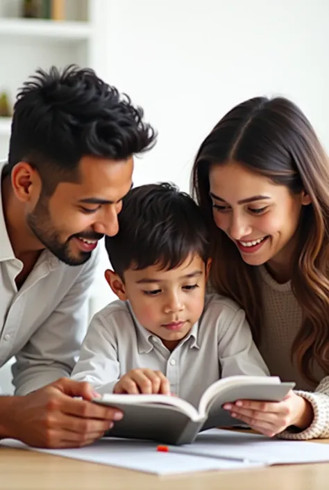  A boy studying a book sitting at the table .  His face shows that he understood what he was reading. And his parents are explaining the lesson . The boy looks at the cheerful book.
 brown father and white mother , latinos.
There is space around them, the ...