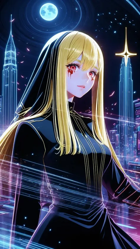  Create a photorealistic dark chapel image set ,  The Blonde of ,  features an anime-style girl character as the protagonist . She is depicted as an evil high priestess.,  She wears a jet black dress with an eye-catching black veil .,  pale skin, and、Long ...