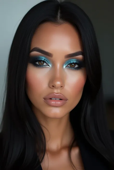 

oval face,  with symmetrical and well-defined features .

 slightly highlighted cheekbones , Creating a sleek look.


hair:

long, smooth and black,  with light bluish reflections that shine under lighting .

 Loose and well-aligned threads ,  falling on...