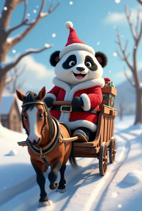 A cute fat panda wearing Santa clause is riding a horse cart, snowy landscape in animation disney pixar style 