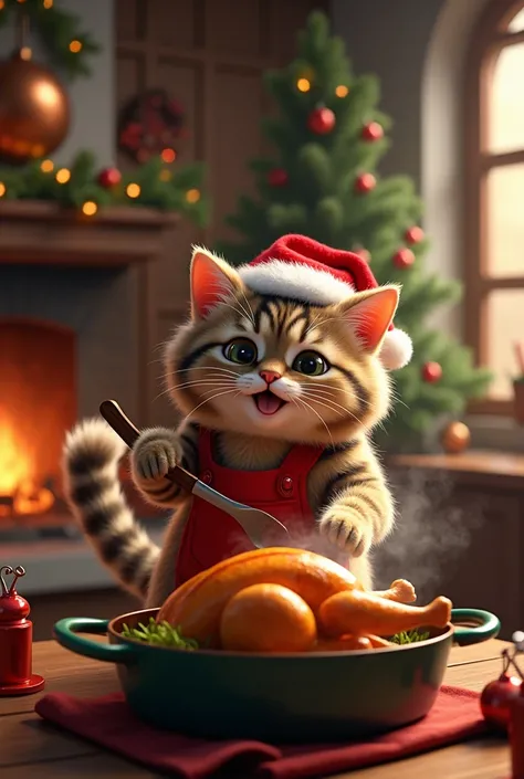 The Christmas cat cooks the turkey for Christmas 