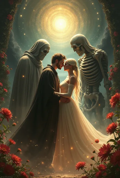 Create an image of Saint Cyprian and the Holy Death protecting and uniting a couple through a bond of love 