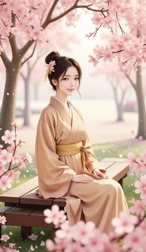 A serene illustration of a young Asian woman sitting on a wooden bench surrounded by blossoming cherry trees. She is facing forward with a gentle smile, wearing a traditional kosode with soft, earthy tones, featuring a detailed thin sash tied elegantly aro...