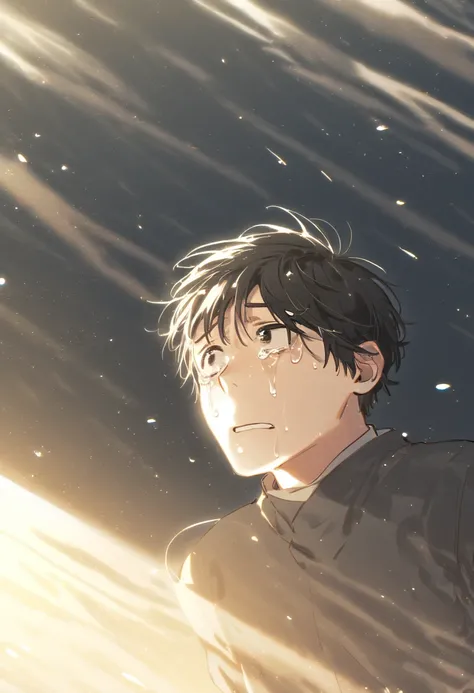 man,male,Short cut,Alone,young,Crying , depressing,True laughter , confused ,Black hair,Black eye,High quality,Naturally, hair scattered in the wind, sunshine shining 