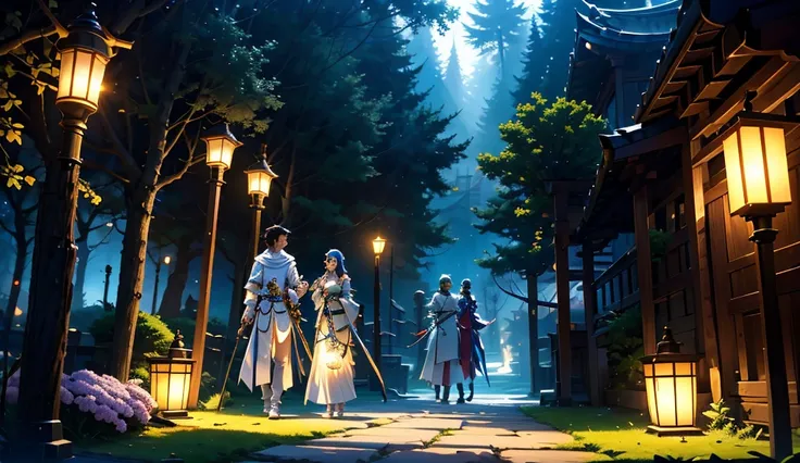 A surreal illustration of an isekai adventure. The scene features a group of protagonists, including a brave warrior in shining armor with a large sword, a mystical mage in flowing robes casting a glowing spell, and a rogue-like character wearing a hood an...