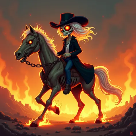 1boy,skull face fire,fire eyes, holding chain,white medium hair, cowboy black hat, Black coat, riding a Black Skeleton fire skull face horse,fire background, Cartoon style 