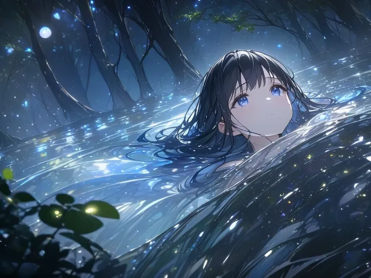  in the Dark Forest、The stream is flowing、 black hair、 a beautiful girl with blue eyes is lying down、 soft light from the moon is leaking out 、Fireflies are flying all around 、masterpiece,  high definition ,  top quality,  high detail,  textured skin, ches...