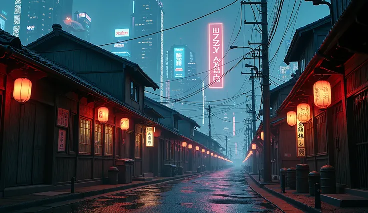 Create an image of an old Japanese neighborhood, set in a dark environment at night, located on the outskirts of a Cyberpunk style city. The scene should feature traditional wooden houses with tiled roofs, dimly illuminated by neon signs and lanterns in vi...