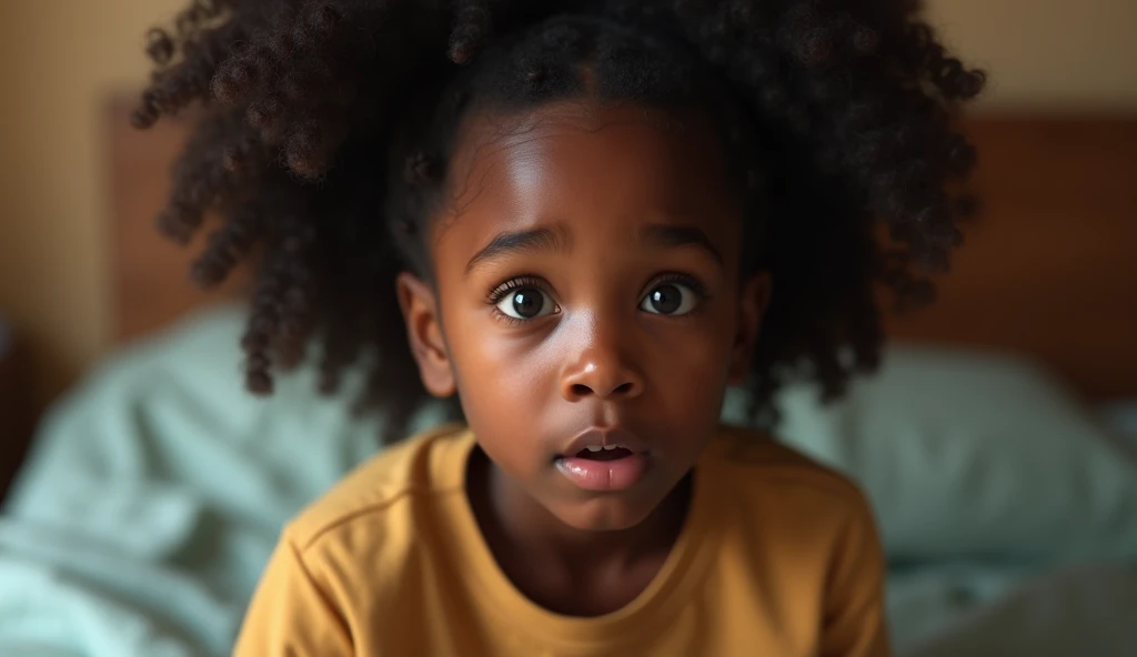 A 16-year-old African girl sitting on her bed with a surprised face I want realistic pictures
 