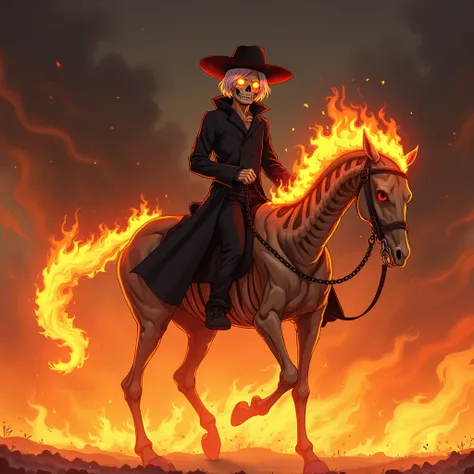 1boy,skull face fire,fire eyes, holding chain,white medium hair, cowboy black hat, Black coat, riding a Black Skeleton fire skull face horse,fire background, anime screencap style, ghost rider)