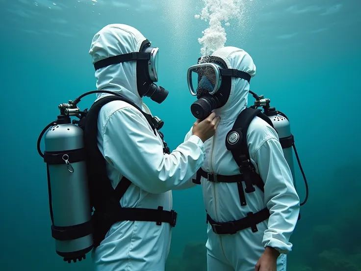 women wearing  white sexy scuba suit  looking at her  damaged hazmatsuit equipment  while  shes unzipping her hazmatsuit gear and pulling of her face, her full-face  mask  underwater  understand that is low on oxygen and signalling for help to her buddy lo...