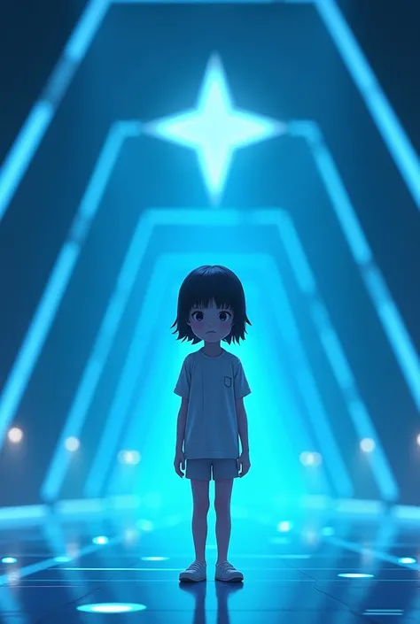 A young girl, with the appearance of a ,  standing in the center of a futuristic stage illuminated with vibrant blue lights,  geometric lines and reflective floor . A has a simple look ,  wearing ordinary clothes and without many stylized details ,  reflec...