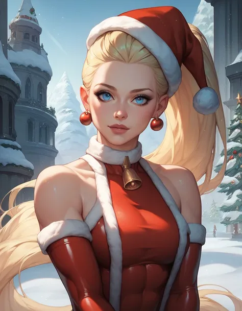 female sleeveless catsuit, bare shoulders, long gloves, toned arms, beautiful faces, blonde ponytail with showing forehead, long ponytail, earrings, soft smooth skin, pale skin, snow city background, blue eyes, sci-fi, christmas, wearing santa hat