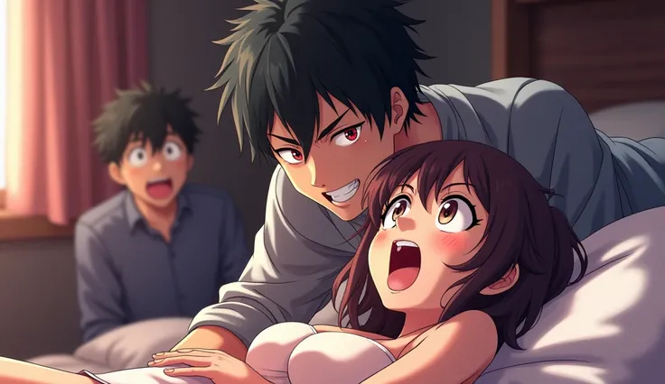 Anime style, in a bedroom, A guy and a girl are lying on a bed, the guy is on top, the girl is on the bottom, the guy has an evil grin on his face, the girl has an excited face, another guy is looking at them with very surprised face