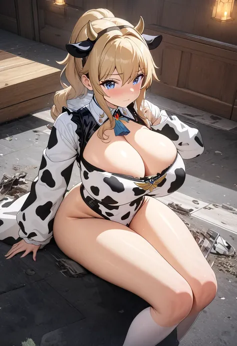 8k, masterpiece, best quality, ultra detailed, Ultra-high resolution, Highly detailed CG, break, 1girl, jean(genshin impact), kawaii, nsfw, huge breasts, slender, (cow girl costume:1.2), full body, indoors, sitting on sofa
