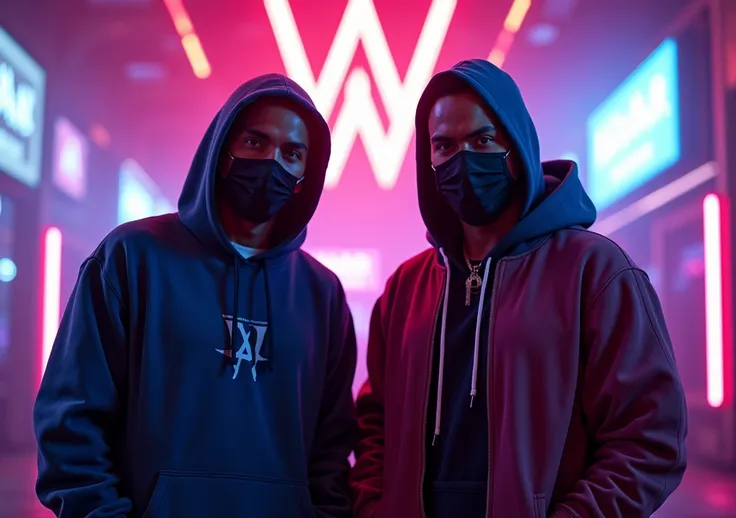 Alan walker con barbijo y una chompa y don omar neon night y con el logo de W 