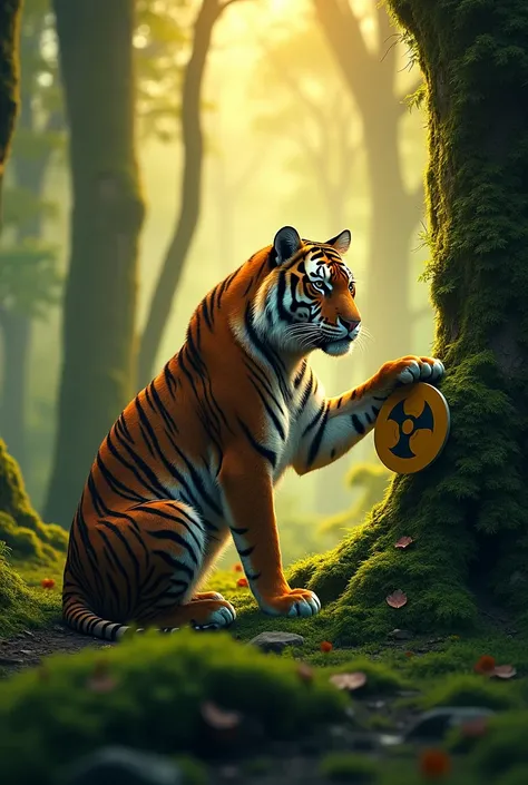 Here’s a detailed image prompt based on the uploaded image:

"A majestic tiger sits in a lush, moss-covered forest bathed in ethereal sunlight filtering through tall trees. The tiger has a calm yet intense gaze and rests its paw gently on a circular, yello...