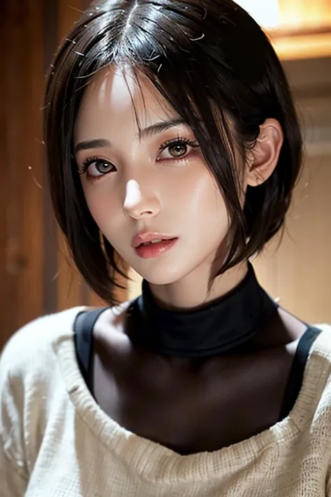 (masuter piece:1.3)、(8k、Photorealistic、RAW Photography、top-quality: 1.4)、(1girl)、Beautiful face、(lifelike face)、(A dark-haired、short-hair:1.3)、Beautiful hairstyle、realisticeyes、Beautiful details、（real looking skin）、Beautiful skins、（Sweaters）、 absurderes 、e...