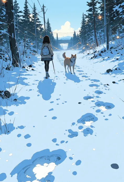  2 cartoon panel .   a girl and a dog in a silver world，No footprints .  girl walking on snow ， surprised to see her own footprints 