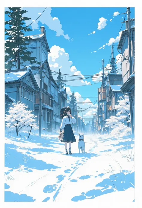  2 cartoon panel .   a girl and a dog in a silver world，No footprints .  girl walking on snow ， surprised to see her own footprints 