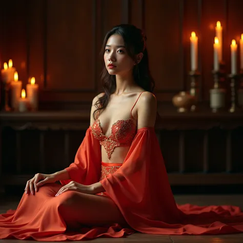 a small-breasted girl, flat chest, young french look, Chinese royal concubine wearing traditional underwear. small-breasted. royal palace. queen. private chamber. royal harem. sitting pose elegant. eyes looking to the side. huge long cape chiffon. full bod...