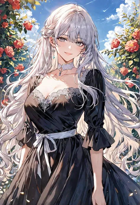 ((sexy-style)), masterpiece, newest, outdoor, flower garden, blue sky, romance manhwa, 1girl, medium size breast, ((elegant)), white hair, solo, long hair, white choker, grey eyes, black full sleeve maxi dress, wavy hair, looking at viewer, upper body, par...