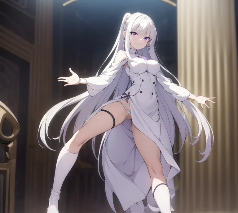 (masterpiece:1.2,  are of the best quality:1.2),  1 girl ,  unique , White hair, Long straight hairstyle, Dark purple eyes, bad smile,  white clothes , breast, White socks