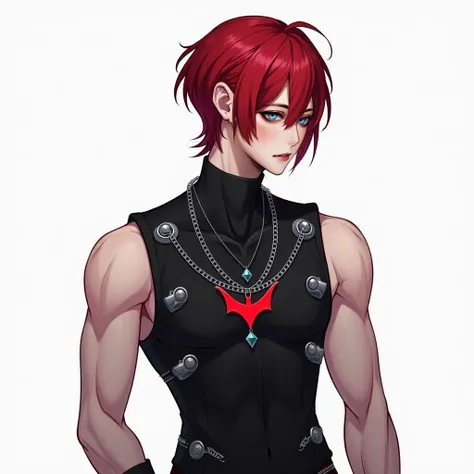  Create an Art of a male-male 2D Anime V-tuber model with these characteristics: First: white, GENDER: masculine, Hair: vibrant red, short, It has a fringe that covers the left eyebrow and leaves the right side free and with stylized locks,  giving a dynam...