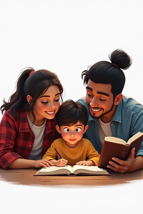  A boy studying a book sitting at the table .  His face shows that he understood what he was reading. And his parents are explaining the lesson to him with a thick book in dads hand . The boy looks at the cheerful book.
 brown father and white mother , lat...