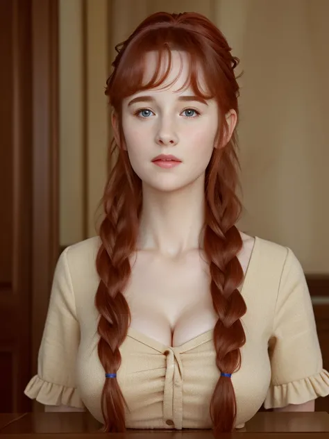 (best quality,4k,8k,highres,masterpiece:1.2),ultra-detailed,(realistic,photorealistic,photo-realistic:1.37), ((secretary woman, solo, shy, pale skin)), ((very large bust size for her young age)), braided red hair