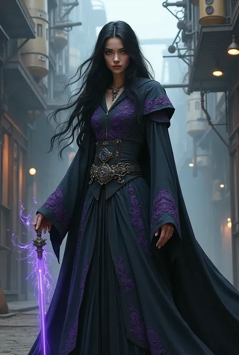 A solitary psychic magician ,  with long black hair and piercing silver eyes ,  dressed in a dark gray robe with intricate purple embroidery.  steampunk in concept art style