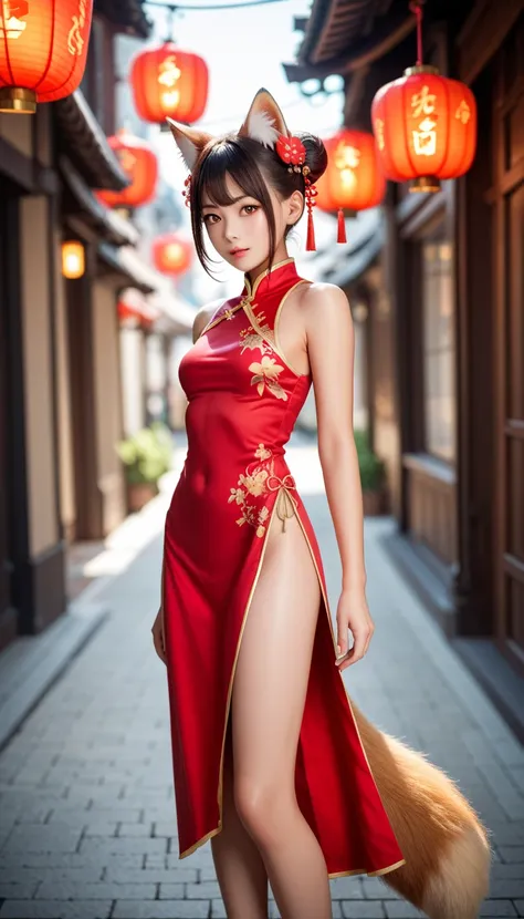 とてもYoung　Young　 girl　 brown skin　brown skin　Burning skin　 sexy　 China Dress　 has small breasts　 boobs and legs are greatly exposed 　 my face is red and Im ashamed　 short hair　 bun hair with beautiful hair ornaments　Big fox ears and tail are attached 　　