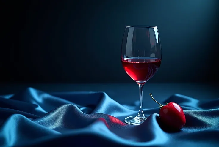 In the heart of a dim and quiet room, a single glass of red wine stood as the centerpiece of a still life arrangement. The wine, a deep ruby red, shimmered under the soft glow of a spotlight, its surface reflecting the play of light and shadow. The glass, ...