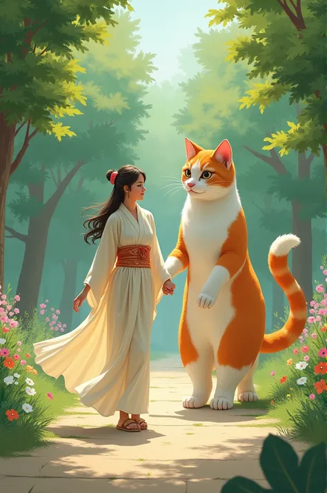 A woman wearing cream colored gamis walks alongside a giant white-orange village cat walking hand in hand in the park