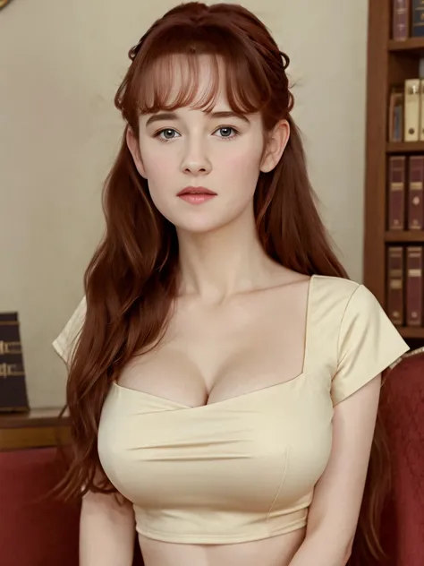 (best quality,4k,8k,highres,masterpiece:1.2),ultra-detailed,(realistic,photorealistic,photo-realistic:1.37), ((secretary woman at the office, solo, shy, pale skin)), ((very large bust size for her young age)), braided red hair