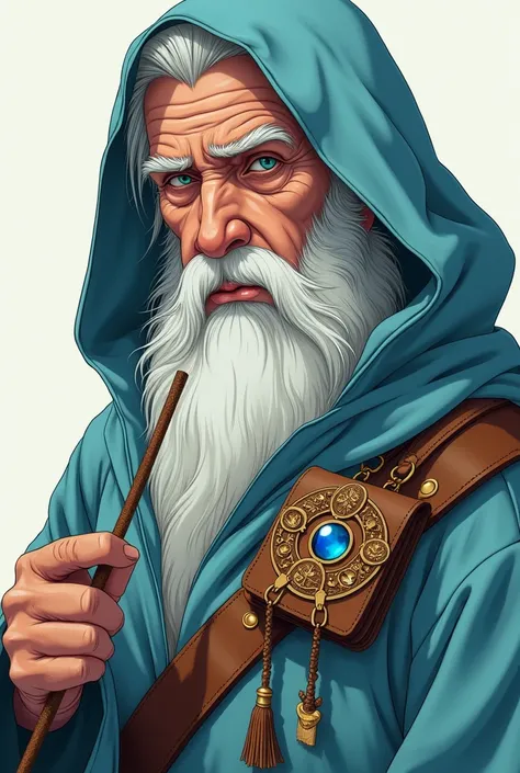 A full-length close-up anime illustration portrait of a 70-year-old wise man, with a white beard, a luminous gaze, wearing a light blue, linen robe with a hood, in one hand he holds a wand containing a power gem, he carries a leather bag with Incan engravi...