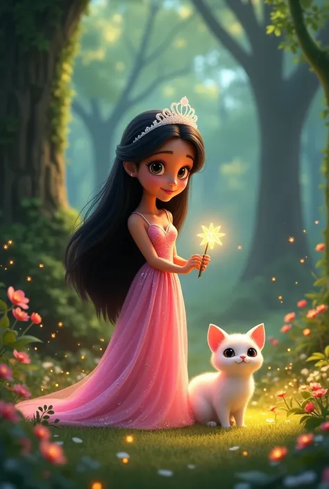 Here are the prompts for each scene with consistent character details in a Pixar-style cartoon:


---

1. Zari in the Magical Forest
Prompt: A Pixar-style cartoon illustration of a magical forest glowing with soft, golden lights. Zari, a stunning fairy wit...