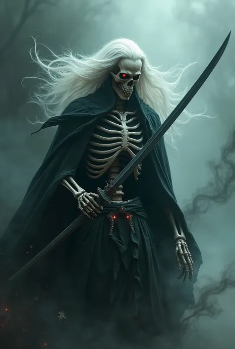 Skeleton with mythical katana and have white hair  and have black smoke in the neck