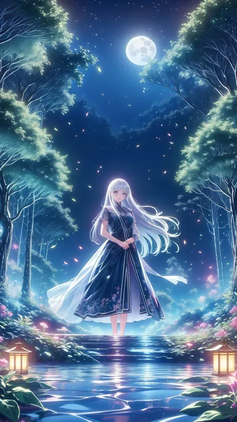  super high resolution,  Magical Atmosphere ,  bright color, Dynamic Lighting.  a girl with long silver hair 、 standing on a giant tree branch on a lantern floating in a fantastic forest,  Emerald Eyes ,  in a gown with leaves and flowers .  standing on a ...