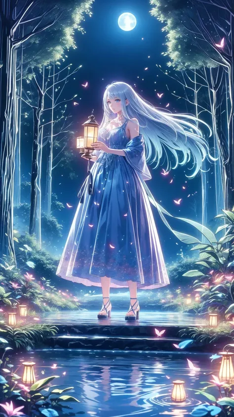  super high resolution,  Magical Atmosphere ,  bright color, Dynamic Lighting.  a girl with long silver hair 、 standing on a giant tree branch on a lantern floating in a fantastic forest,  Emerald Eyes ,  in a gown with leaves and flowers .  standing on a ...