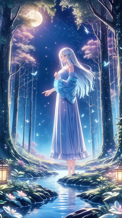  super high resolution,  Magical Atmosphere ,  bright color, Dynamic Lighting.  a girl with long silver hair 、 standing on a giant tree branch on a lantern floating in a fantastic forest,  Emerald Eyes ,  in a gown with leaves and flowers .  standing on a ...