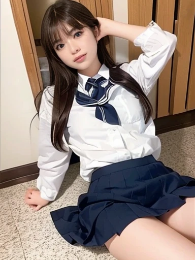 school uniform,((())),No makeup,High resolution,Professional Photos,High resolution,Small breasts,,slim, Lie on your back on the bed, Open your legs and show your underwear, Fearful expression, Tears in my eyes, ((Her skirt is rolled up))