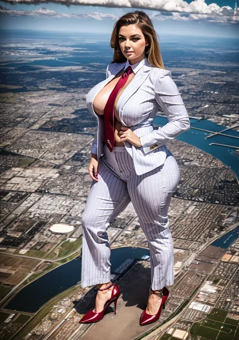 massive 100 miles tall giantess A sophisticated and stylish woman in a light grey italian pinstriped trousers suit, white shirt tucked neatly in trousers, and a 10cm wide blue necktie in a windsor knot, with a beautiful, curvaceous figure, massive breasts,...