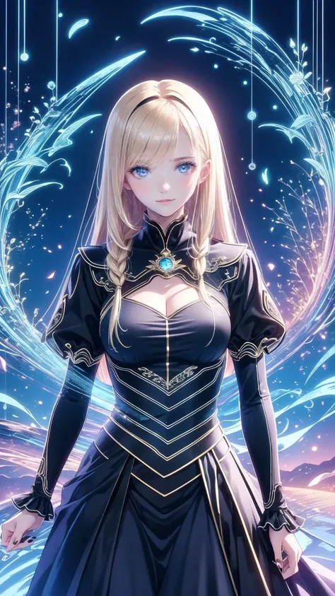  Create a photorealistic dark chapel image set , The Blonde of ,  features an anime-style girl character as the protagonist . She is depicted as an evil high priestess.,  She wears a jet black dress with an eye-catching black veil .,  pale skin, and、Long b...