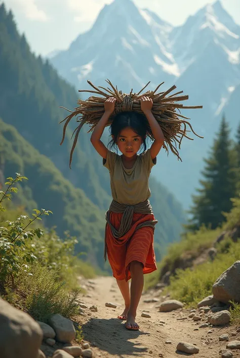 Newari Nepali girl carrying wood cross