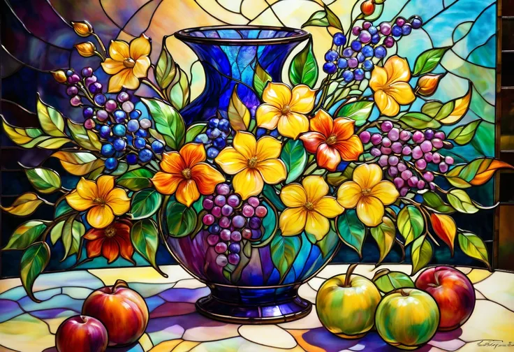 Vase and fruit painting on table ,  stained glass art, inspired  Louis Comfort Tiffany ,  stained glass style, masterpiece  stained glass,  Louis Comfort Tiffany , by Jean Hey,  stained glass,  Colorful Glass Art , Mary Moserにインスパイアされた,  Miroslava Sviridov...