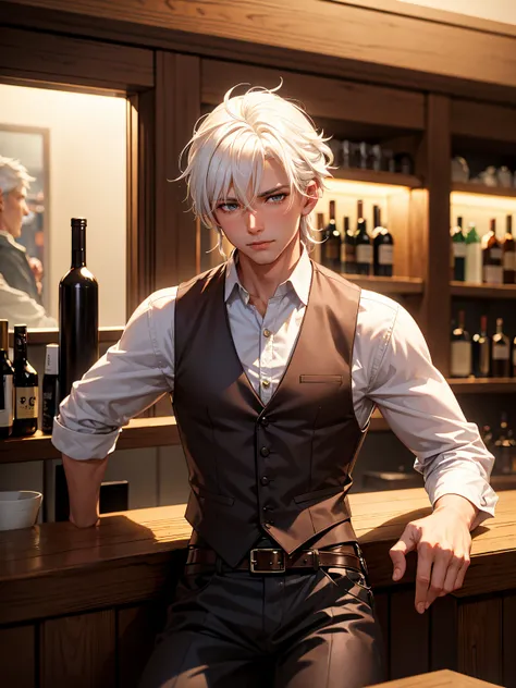 White hair male cowboy sitting at the bar, cowboy theme