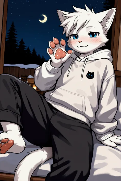 A Furry Cat with white fur   , To be tall and thin and to have paws and to have dark blue eyes and to be male and to have long, spiky male hair and black and to wear a white sweatshirt with a small moon symbol on the white sweatshirt and to wear black pant...